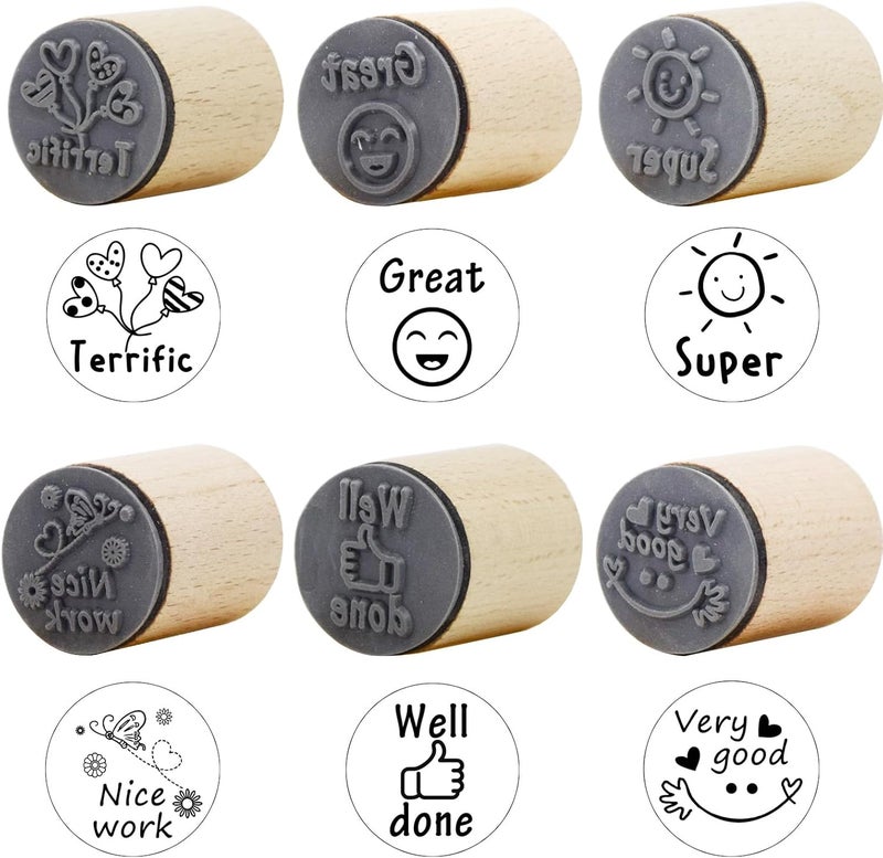 happylain 6 PCS Round Wood Rubber Stamp for School Teachers English Toy Stamp - Image 1
